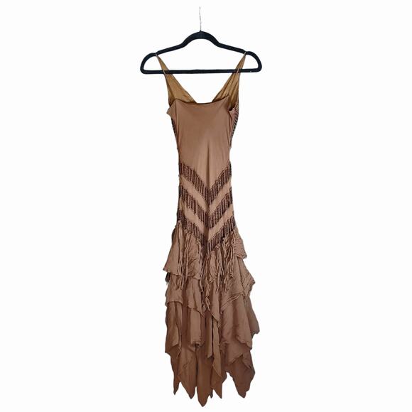 Vintage Y2k Silk Nina Austin Brown Handkerchief Hem Fairycore Boho Dress - XS - Picture 4 of 11